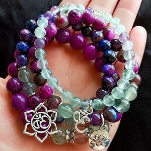 Fluorite Sugalite Galaxy Tigers Eye gemstone stretch lotus charm bracelets set
